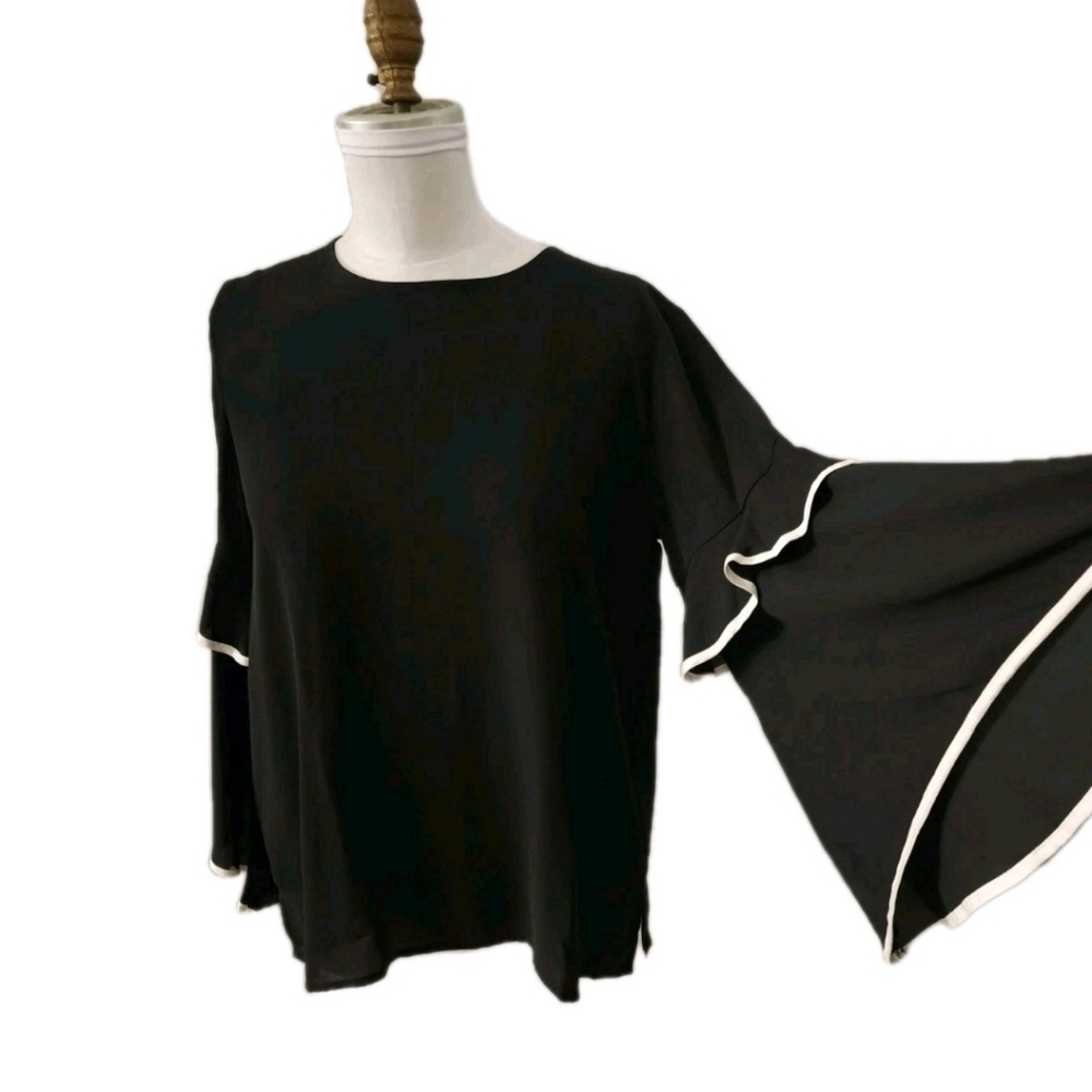 Loft Outlet Women's Blouse Black Trumpet Sleeves With White Piping S NWOT